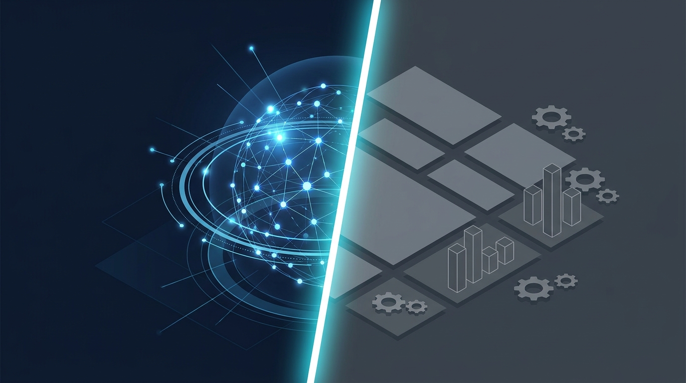 A polished split-composition showing an automated, always-on AI command center on one side versus a static dashboard on the other, symbolizing full-service vs self-serve.