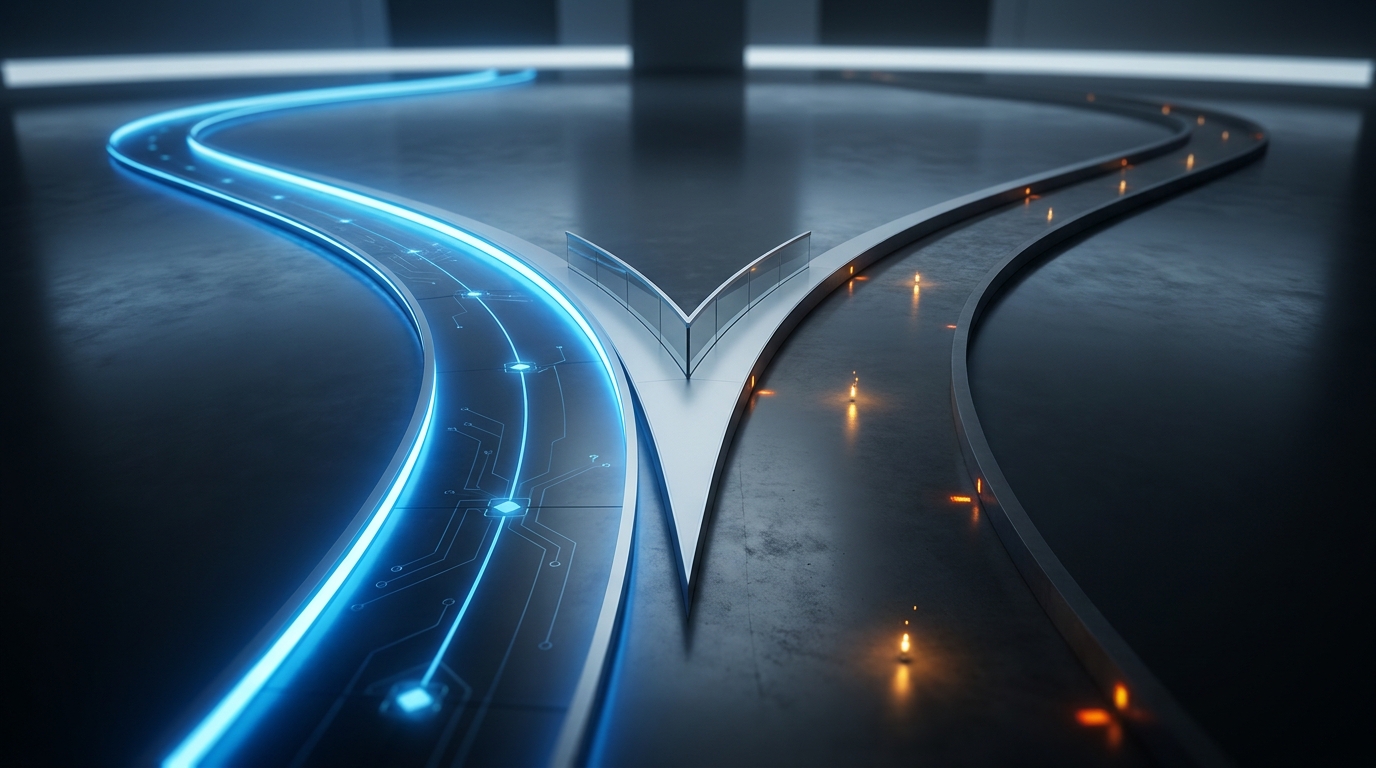 Two diverging paths on a sleek modern surface, one automated and luminous, one manual and dim, symbolizing the contrast between full-service AI management and rule-based tools