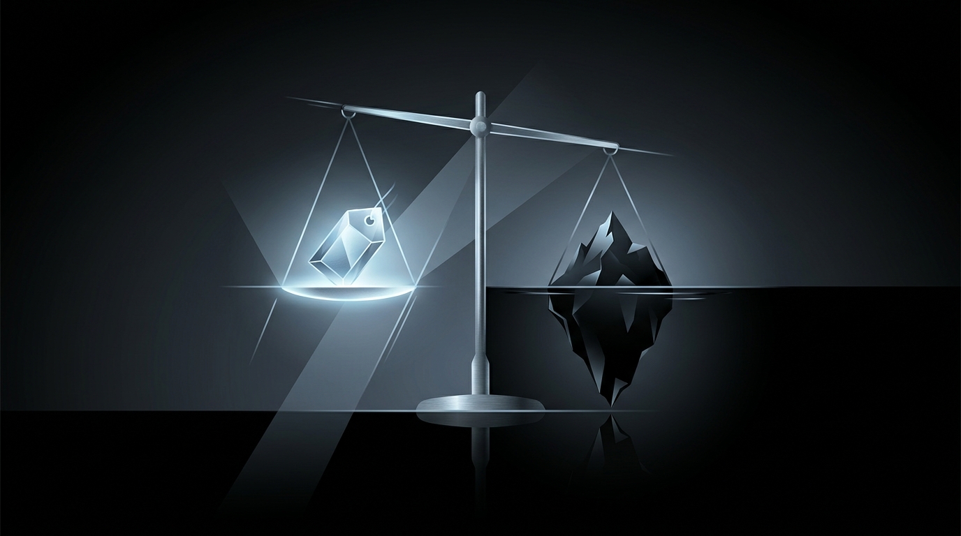 A scale balancing a transparent price tag against a shadowed iceberg on a dark, high-contrast editorial background, symbolizing hidden costs.