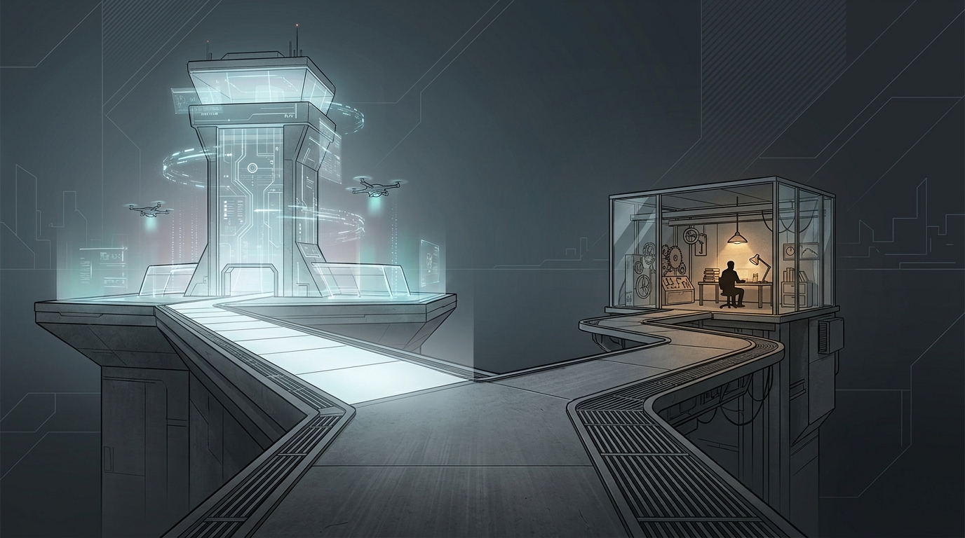 Two distinct paths diverging on a sleek abstract landscape, symbolizing a strategic choice between autonomous AI management and a manual tool-assisted approach.