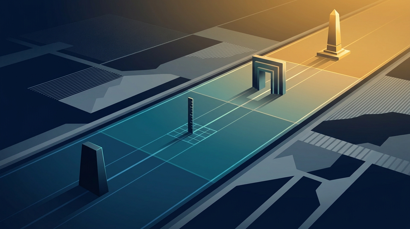 A structured timeline path unfolds across a wide landscape, marked by four distinct milestone phases, representing a disciplined 30-day campaign launch sequence.