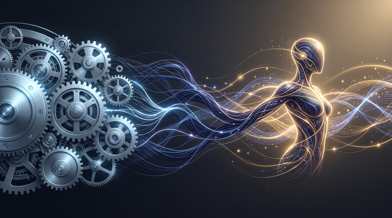 A caterpillar-to-butterfly metamorphosis visual metaphor showing the evolution from mechanical automation into sophisticated human-AI collaboration, rendered in a clean editorial style