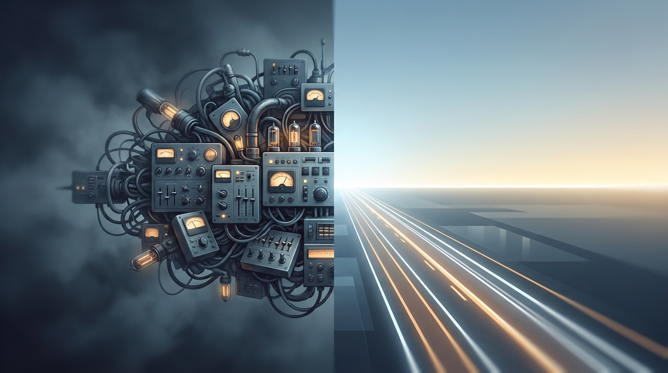 A split editorial scene showing a cluttered dashboard on one side and a clear open road on the other, symbolizing the choice between self-serve tools and full-service management