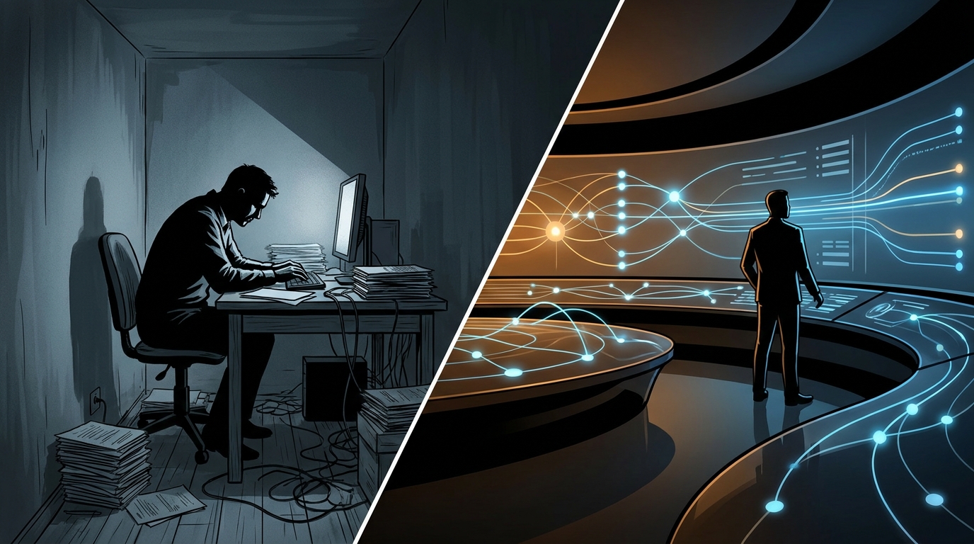 A split composition showing two contrasting paths: one manual and fragmented, one seamlessly automated and continuous, symbolizing a Google Ads management comparison.