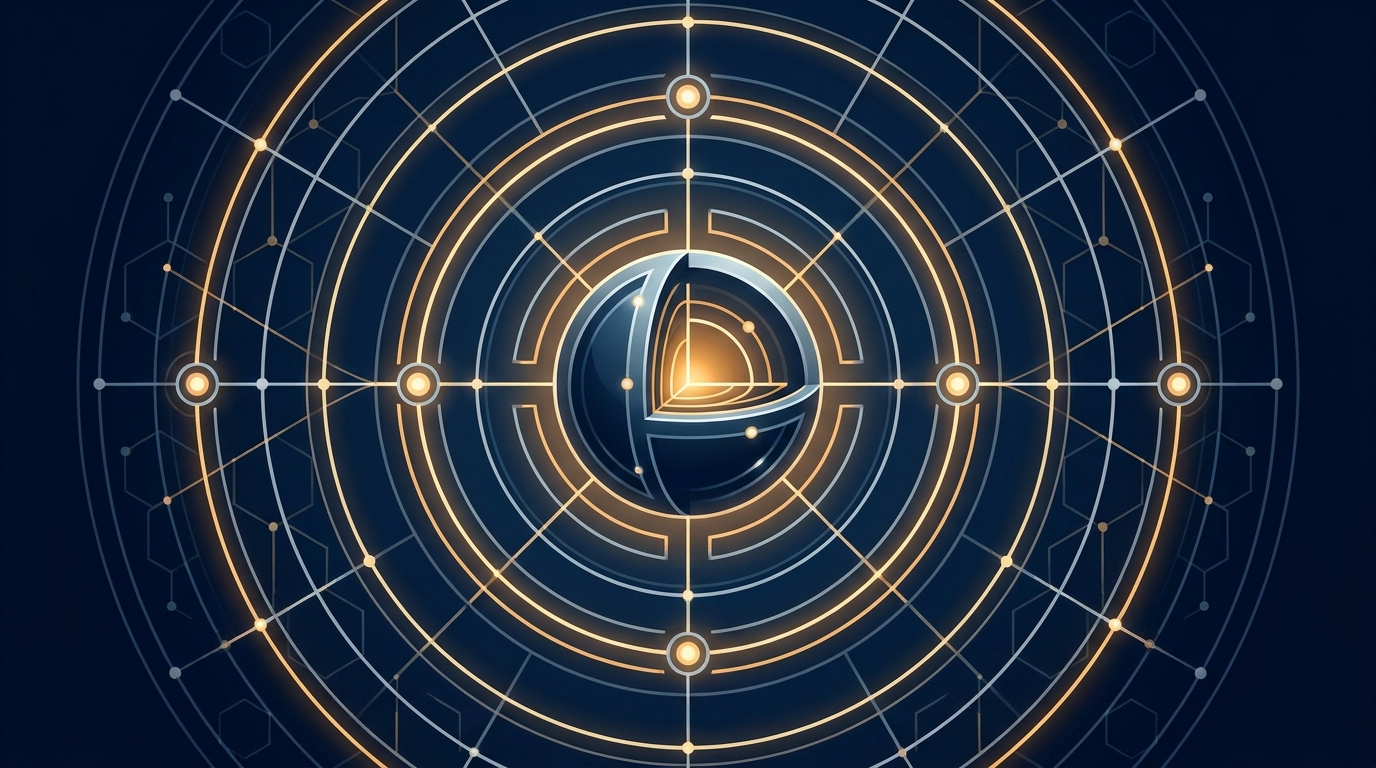 An AI-powered neural network expanding outward in concentric signal rings over a structured grid, representing Google Ads AI Max's automated campaign reach
