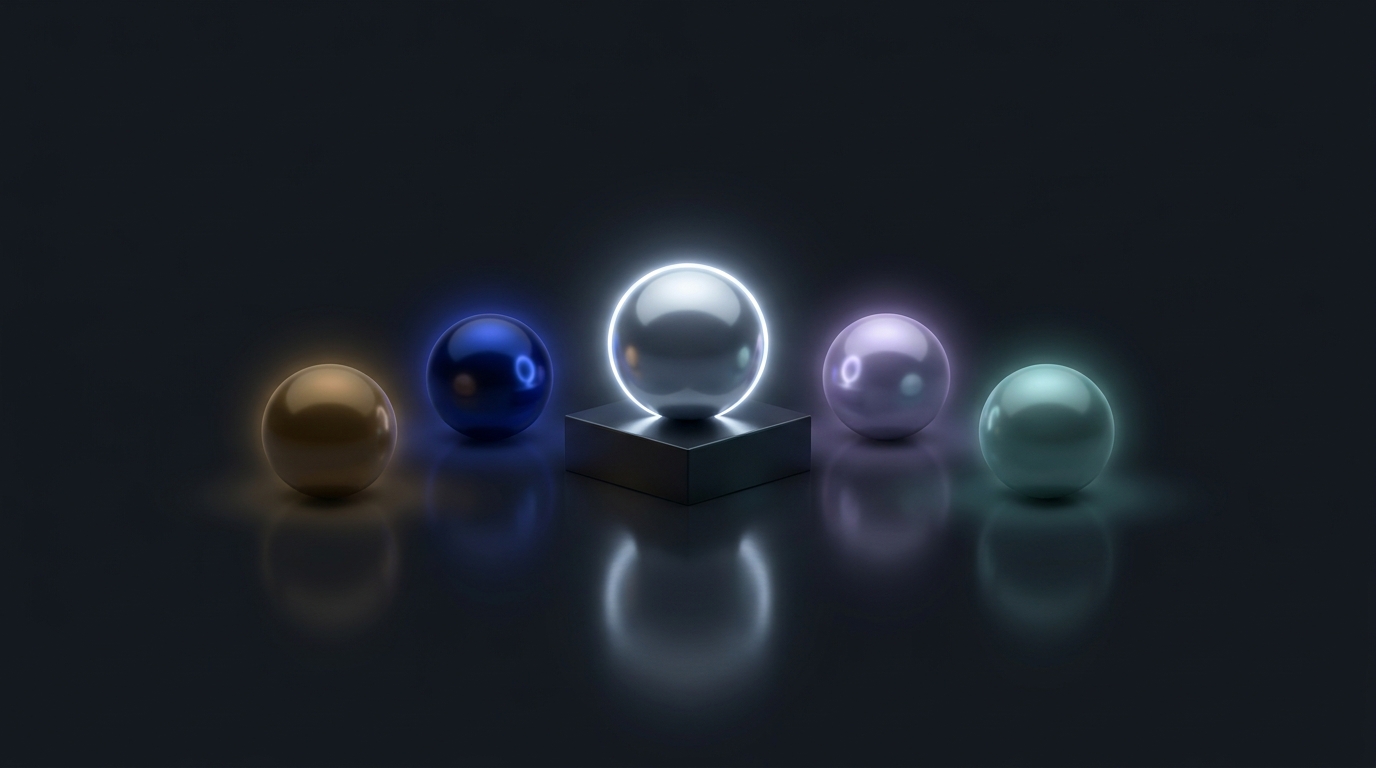 A bold editorial illustration of multiple glowing orbs on a dark surface competing for dominance, one slightly elevated above the rest, symbolizing AI comparison and choice.