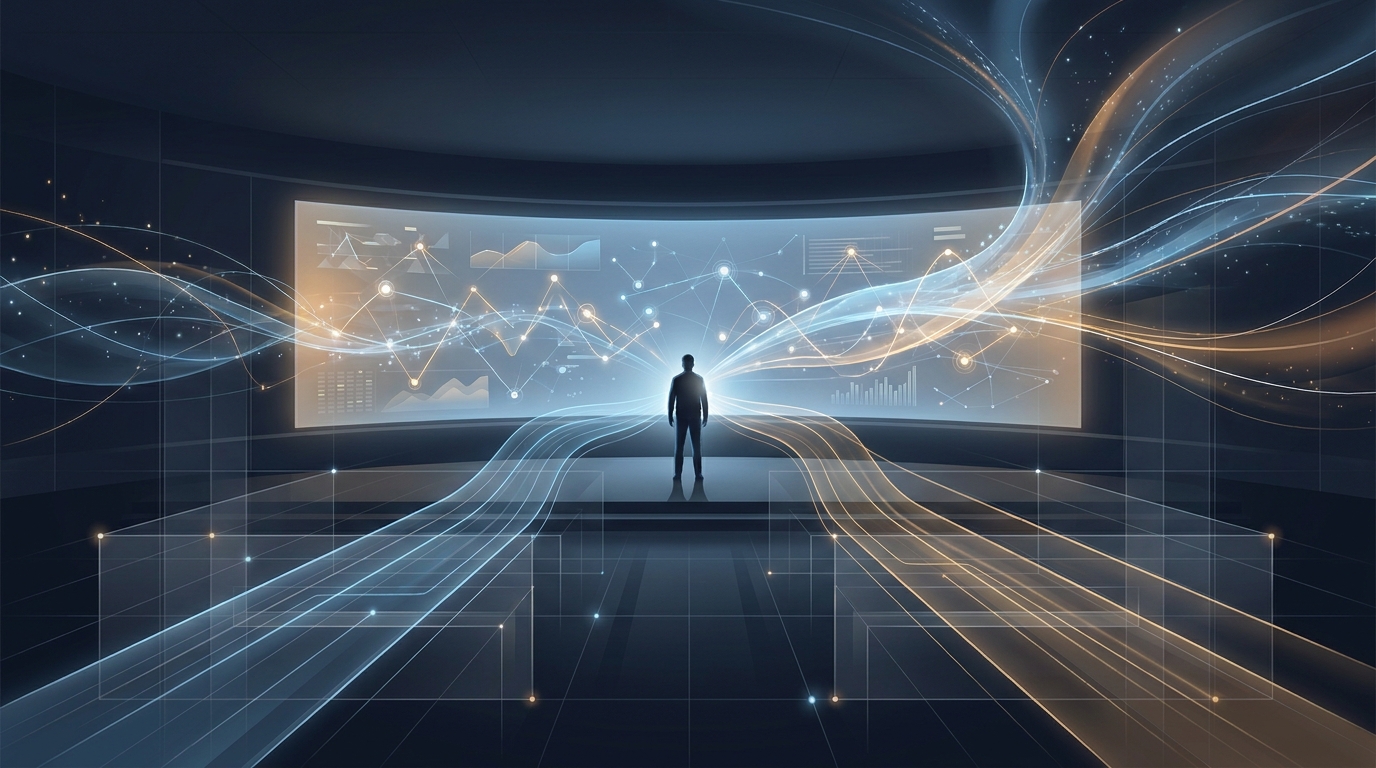 A vast control room with layered autonomous systems and a single human strategist overseeing interconnected search campaign flows, symbolizing AI power with human oversight