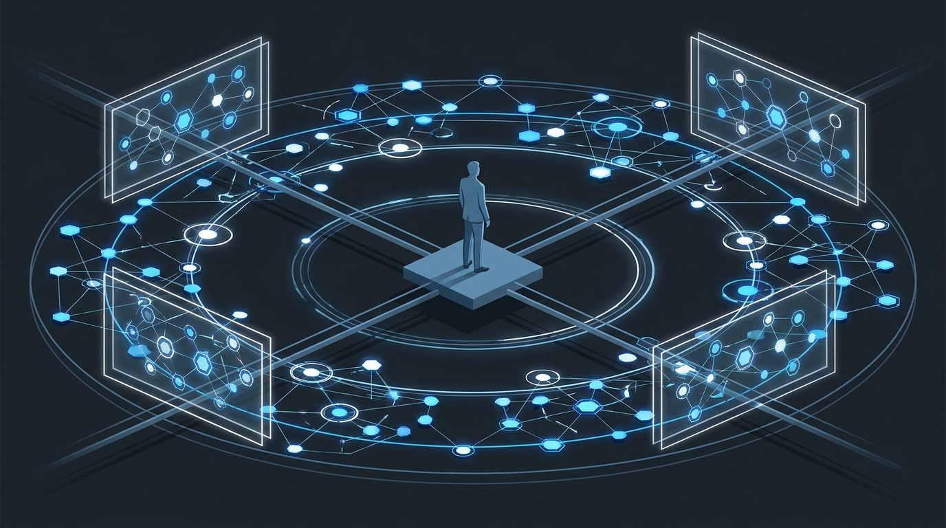 An AI-powered command center with layered geometric circuits and a central human figure overseeing interconnected campaign nodes glowing in blue and white