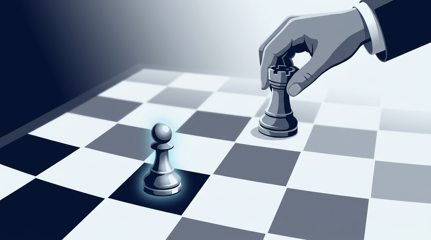 A chess board with one automated piece moving autonomously while a human hand guides the broader strategy across the full board, representing AI tactics vs strategic oversight.