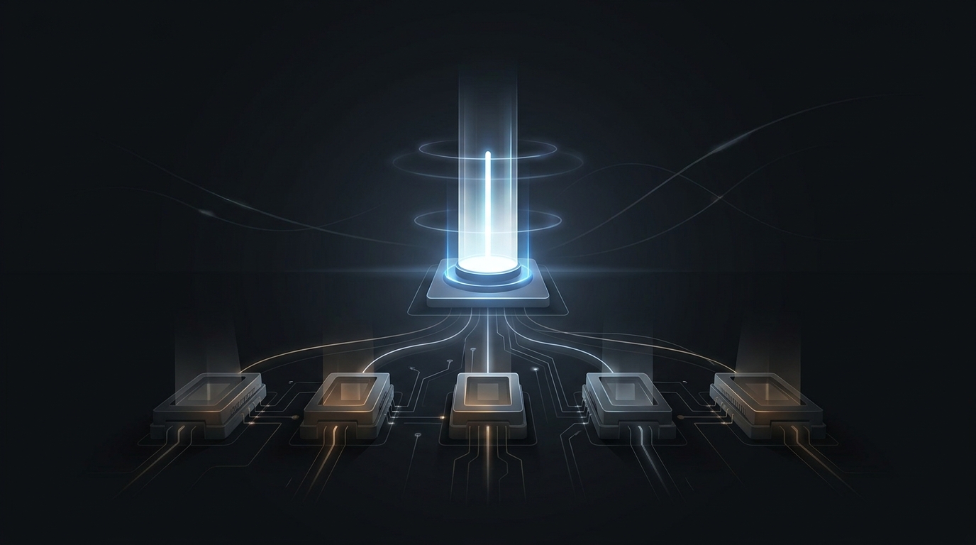 A lone glowing autonomous node rises above a row of dimly lit manual control panels, symbolizing one fully autonomous solution among many alternatives.