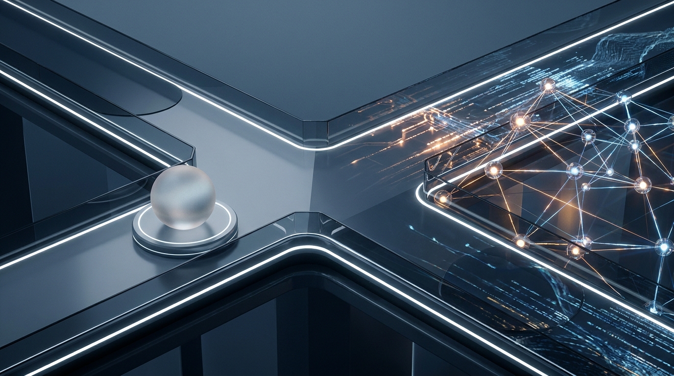 A lone figure at a crossroads in a sleek, minimalist environment, one path leading to a single glowing node and the other to a vast interconnected network