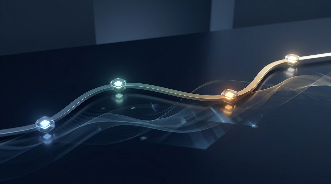 A structured timeline of glowing milestone markers stretching across a wide dark surface, representing a 30-day campaign launch schedule with progressive stages of growth.