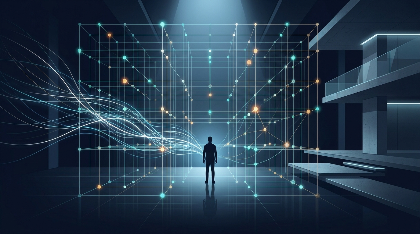 A human figure and an AI construct standing side by side overseeing a vast grid of glowing campaign nodes, symbolizing autonomous Google Ads management.