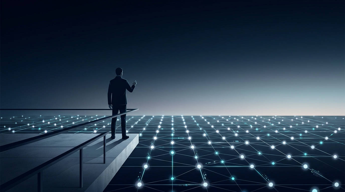 A lone human strategist oversees a vast grid of interconnected AI nodes running autonomously, symbolizing the groas managed service model.