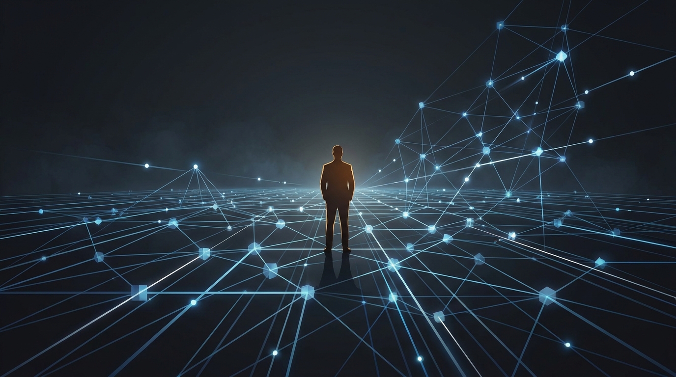 A lone human figure at the center of a vast illuminated network of glowing nodes and pathways, symbolizing AI-powered Google Ads management with human strategic oversight.