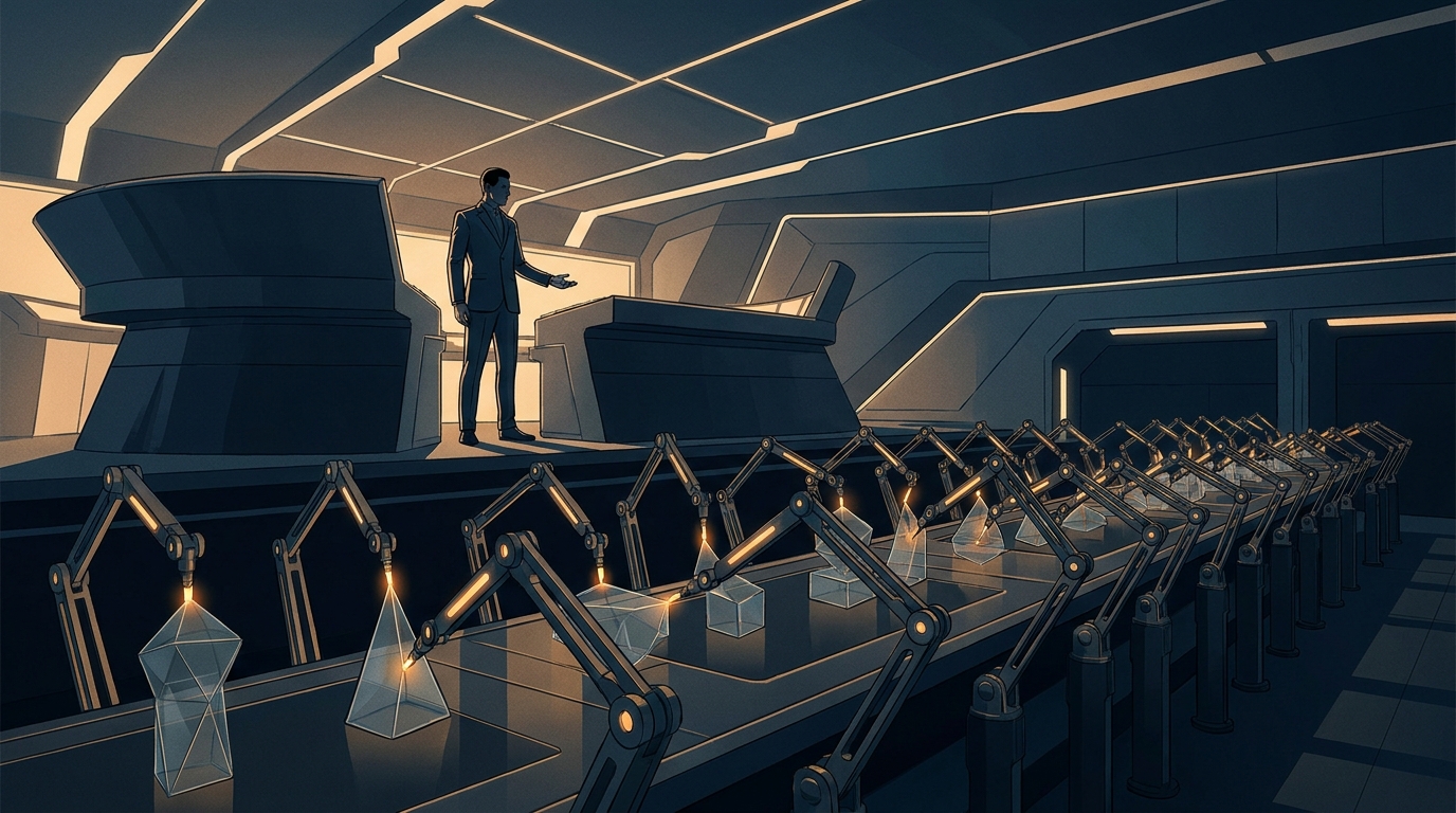 A single conductor directing multiple synchronized robotic arms across a wide control room, representing agency-scale automation without additional headcount.