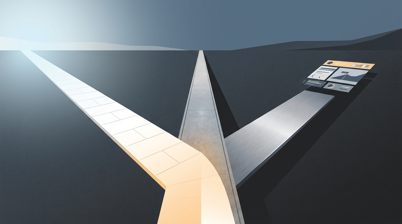 Three distinct paths diverging on a clean modern landscape, representing a strategic comparison between three Google Ads management options in 2026.