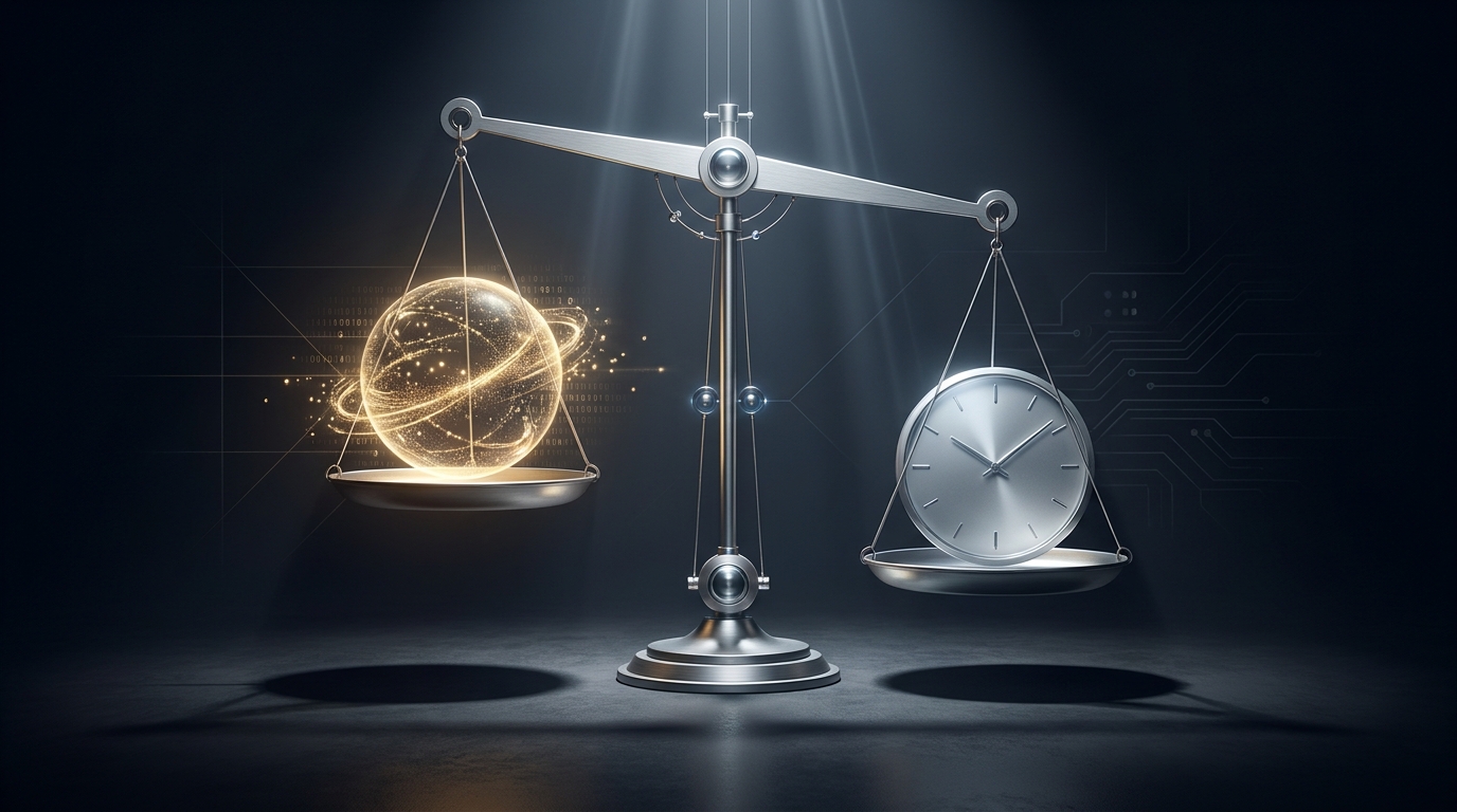 A suspended balance scale in a dark studio, one side holding a glowing data orb, the other side a clock face, symbolizing ROAS stability during Google Ads learning phase.