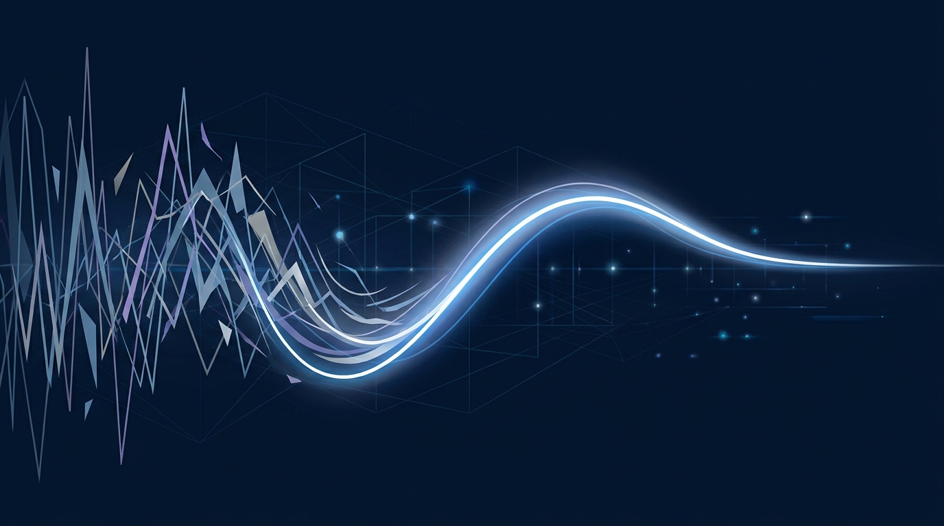 Abstract visualization of a machine learning algorithm stabilizing over time, representing the Google Ads learning phase duration and optimization cycle