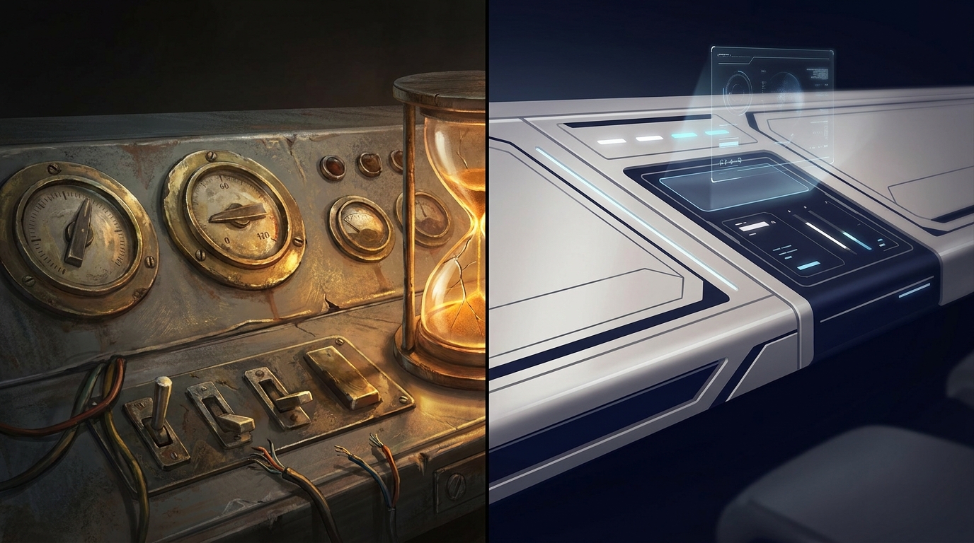 A cracked hourglass beside a sleek autonomous control panel, symbolizing outdated manual PPC tools versus modern AI-driven Google Ads management