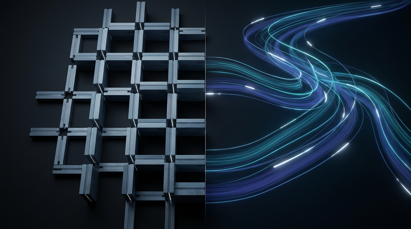 Two contrasting paths diverge in a sleek abstract landscape: one built from rigid geometric rule blocks, the other flowing as a luminous autonomous stream.