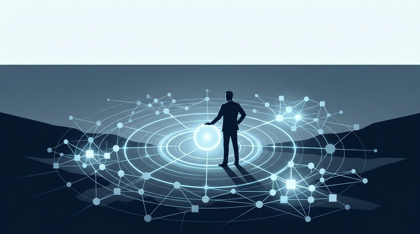 A human strategist at the center of an AI-powered search network, symbolizing intelligent control over automated campaign expansion