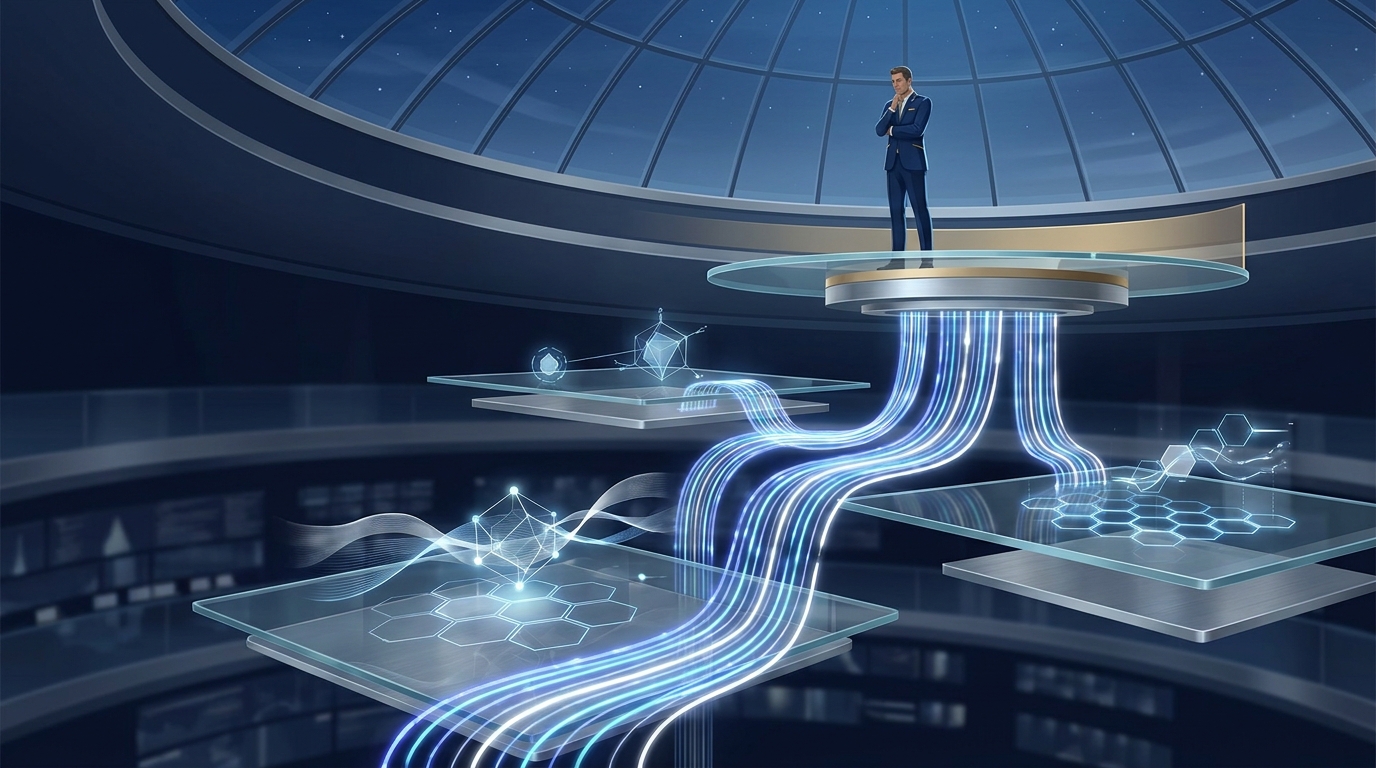 A sleek command center with layered glass panels and glowing data flows, representing an agency's scalable execution layer powered by AI and human oversight.