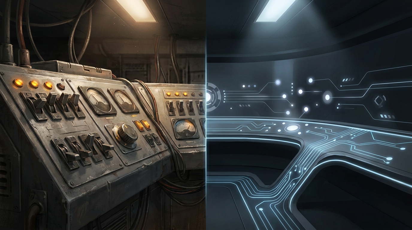 A sleek editorial scene contrasting an old manual control panel with a modern autonomous system, symbolizing the shift from self-serve PPC tools to fully managed ad services.