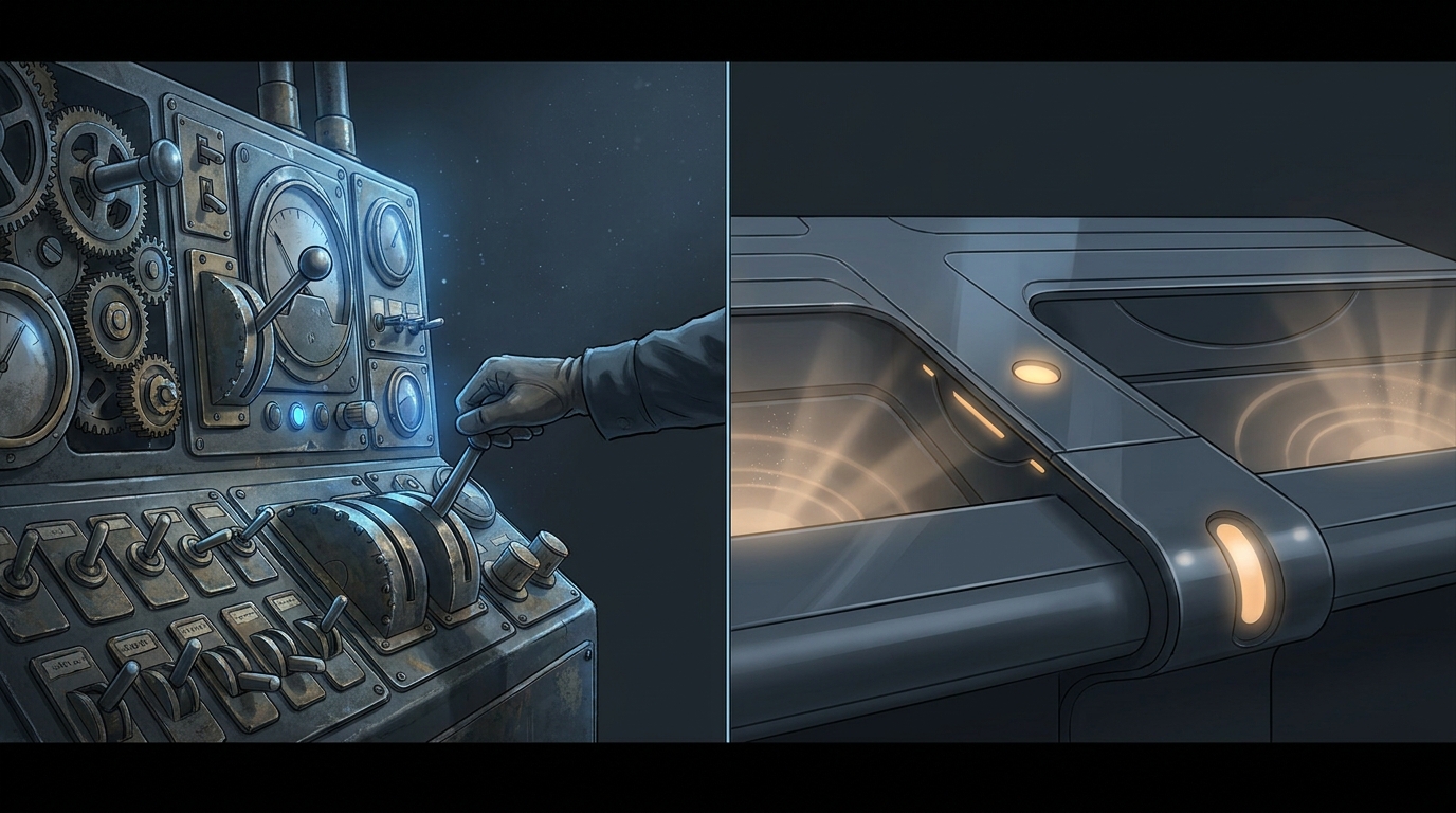 Two distinct control panels side by side — one complex with many manual levers, one clean and self-operating — symbolizing the choice between tool and full-service automation