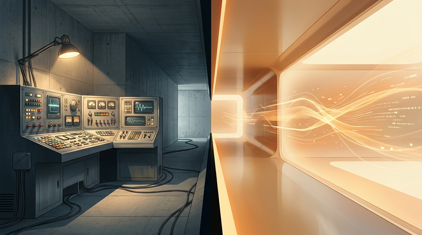 Two distinct paths diverge in a clean architectural space — one leading to a glowing control panel, the other to a seamless autonomous operation hub.