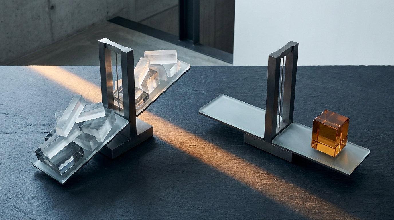 A split composition showing two contrasting scales or ledgers — one weighted down with hidden costs and complexity, the other balanced and clean — symbolizing true cost comparison