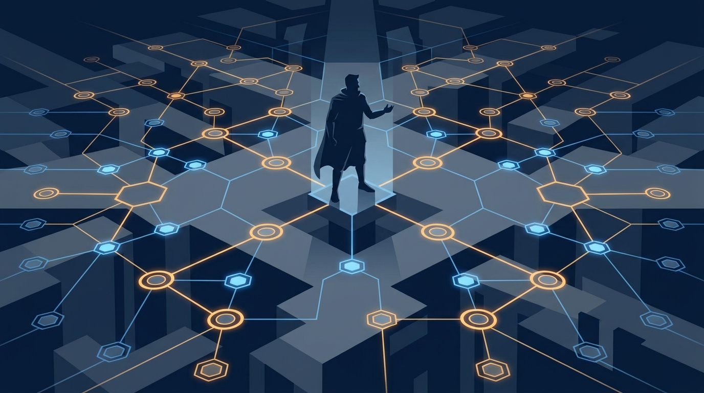 An agency strategist at the center of a vast interconnected grid of glowing campaign nodes, symbolizing white-label PPC execution at scale