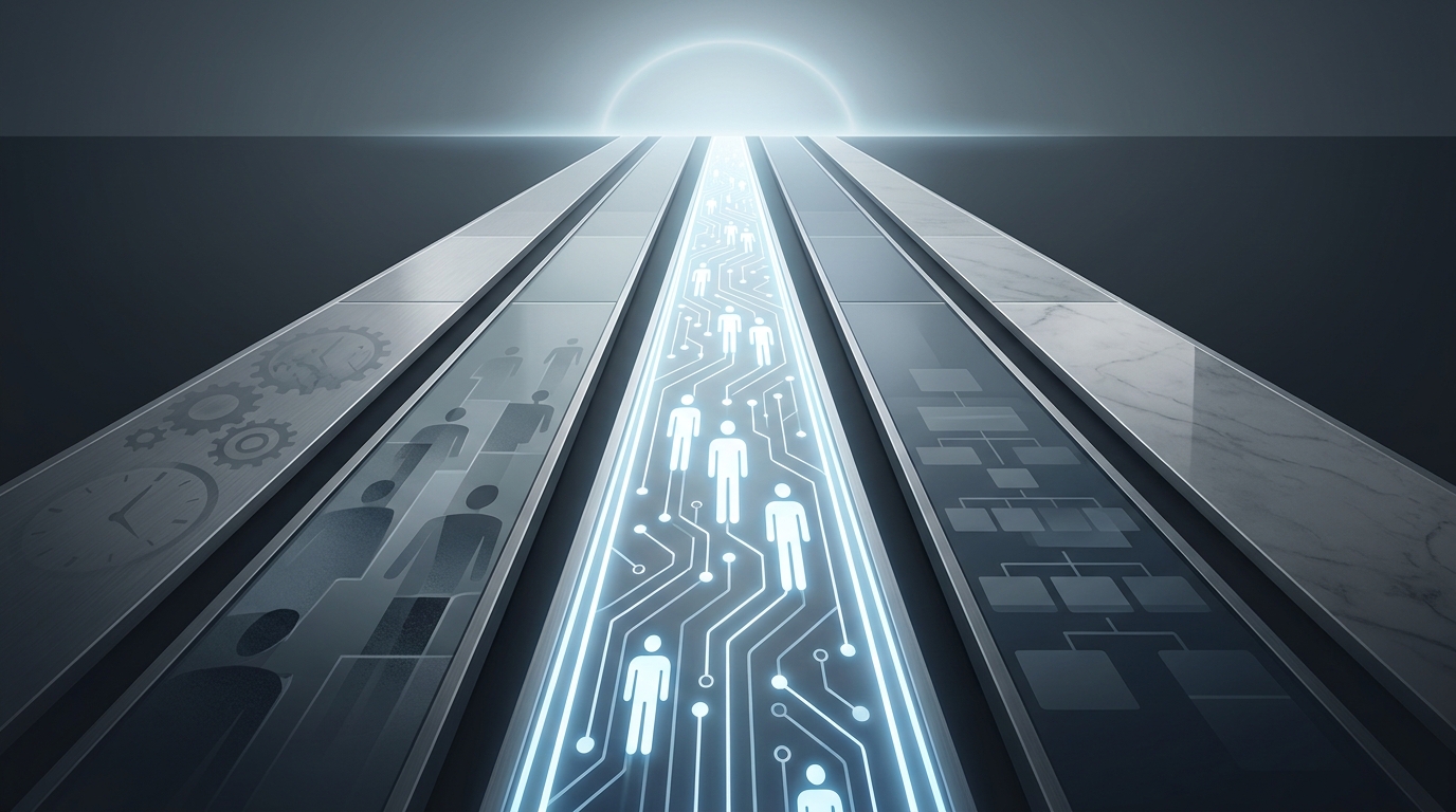 A bold editorial illustration showing four diverging paths on a sleek dark surface converging toward a single illuminated route, symbolizing the choice between Google Ads management models.