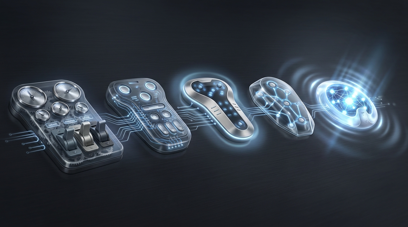 A spectrum of control panels arranged by complexity, from simple manual dials to a fully autonomous command hub, symbolizing automation depth in Google Ads tools.