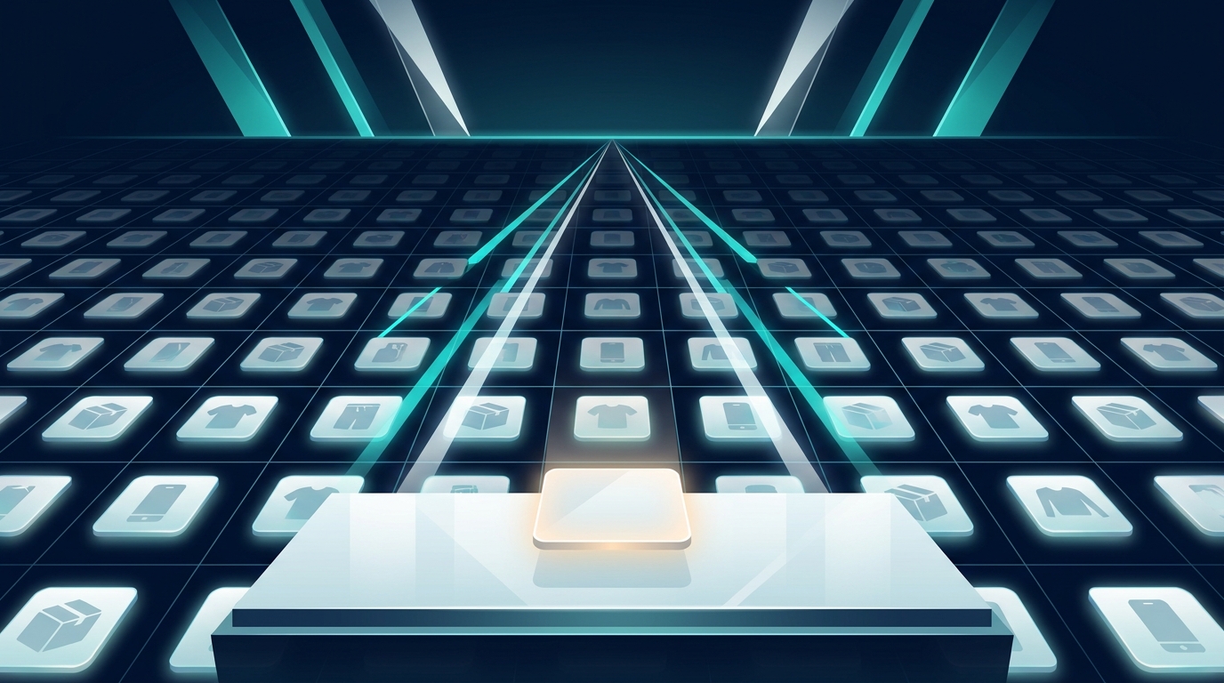 A vast digital grid of glowing product tiles representing eCommerce SKUs, with strategic light beams converging on a central optimized point, symbolizing Google Ads campaign precision.