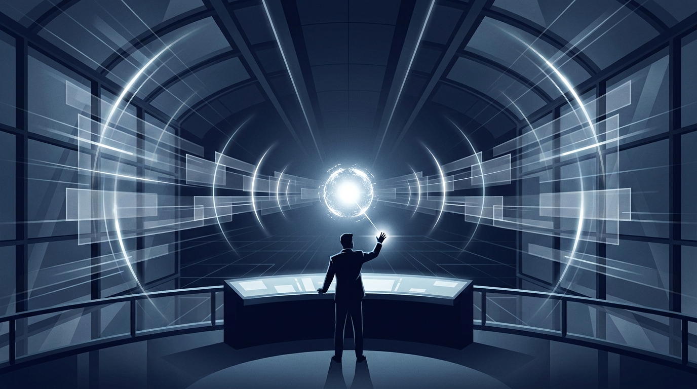 A commanding control room with layered AI intelligence streams converging into a single strategic focal point, symbolizing Google AI Max oversight and optimization.