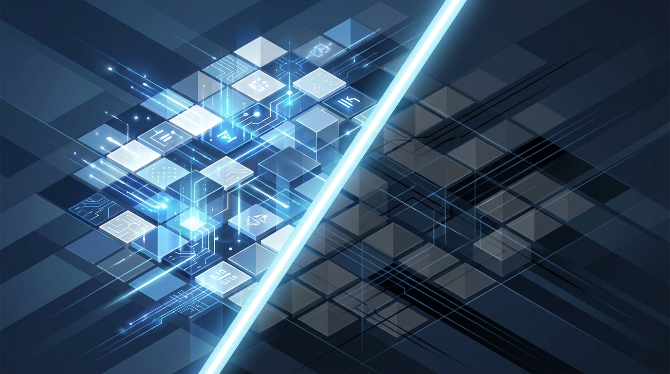 Abstract editorial illustration of a vast, organized grid of filtered search terms with some blocked out in deep contrast, symbolizing negative keyword exclusion at scale.