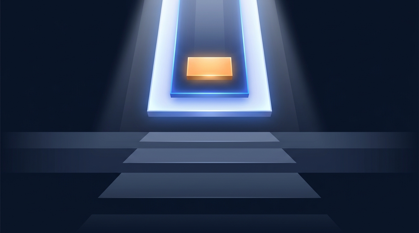 A bold editorial illustration of a luminous AI-generated search panel at the top of a SERP, with a glowing ad placement emerging from within the summary box