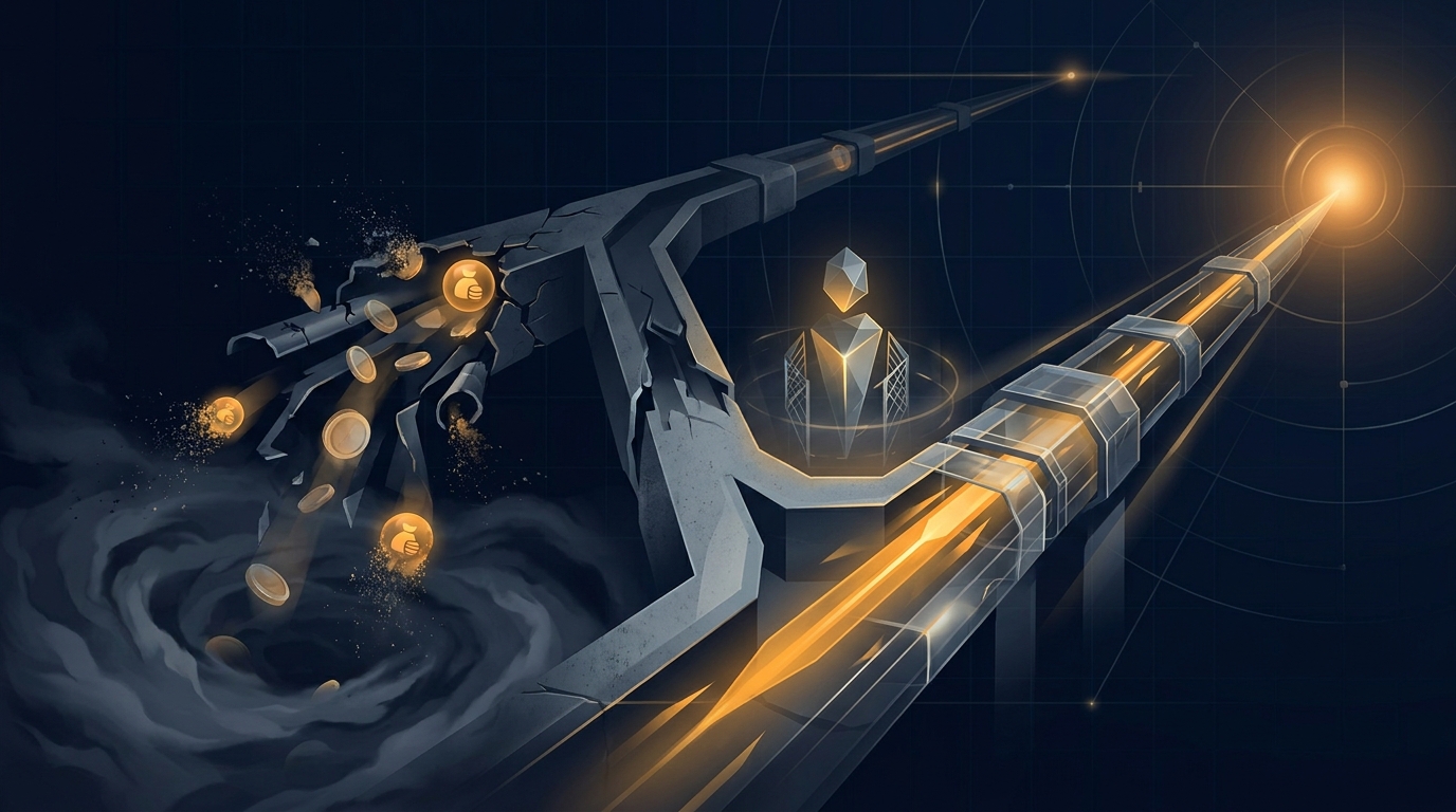 Digital budget drain concept: coins and currency dissolving into mist while a precise autonomous system redirects clean, targeted flow through a controlled pipeline.