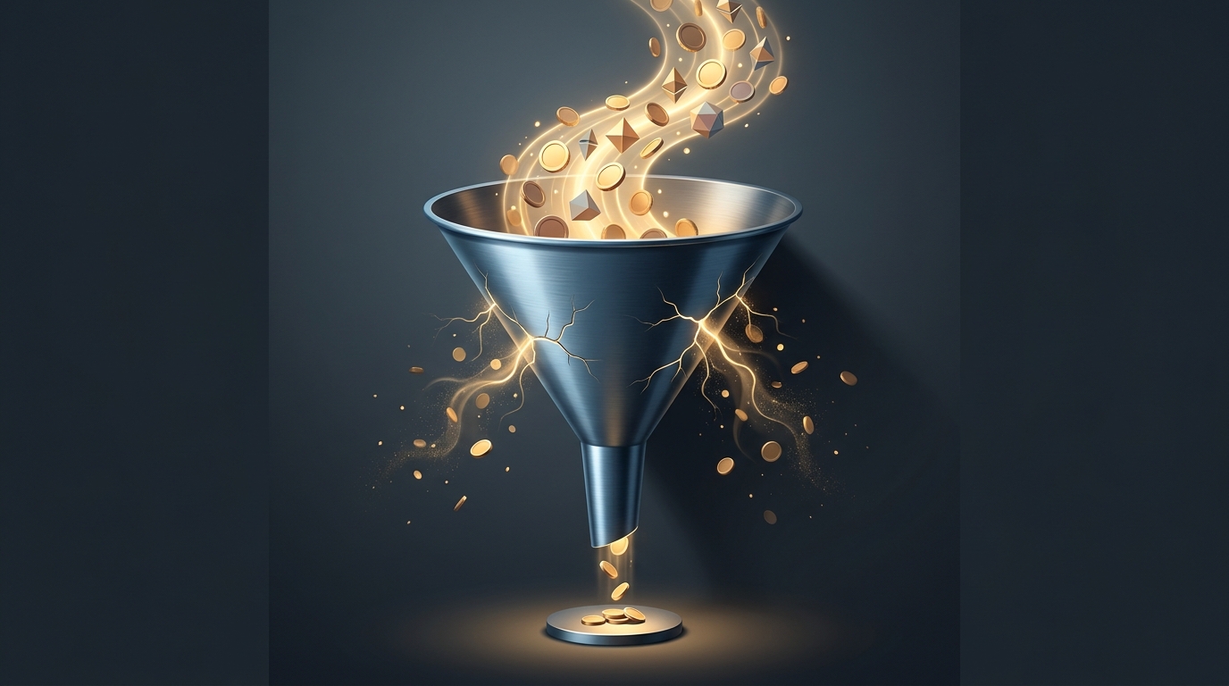 A stream of coins and budget flowing through a cracked funnel, with most value draining away into a dark void, symbolizing Google Ads wasted spend
