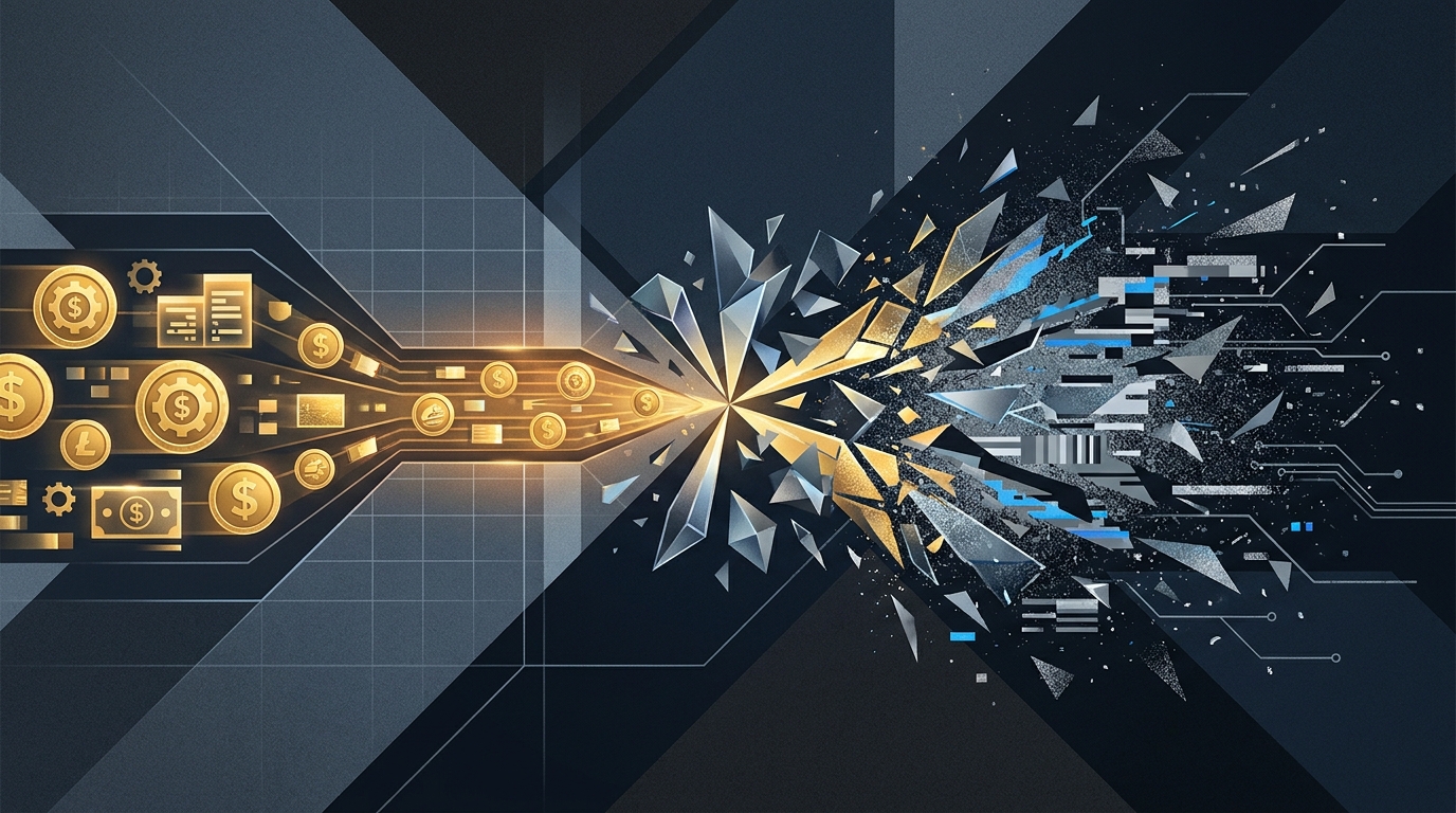 A budget being drained by irrelevant search queries, visualized as coins or currency dissolving into fragmented signal noise against a dark editorial background