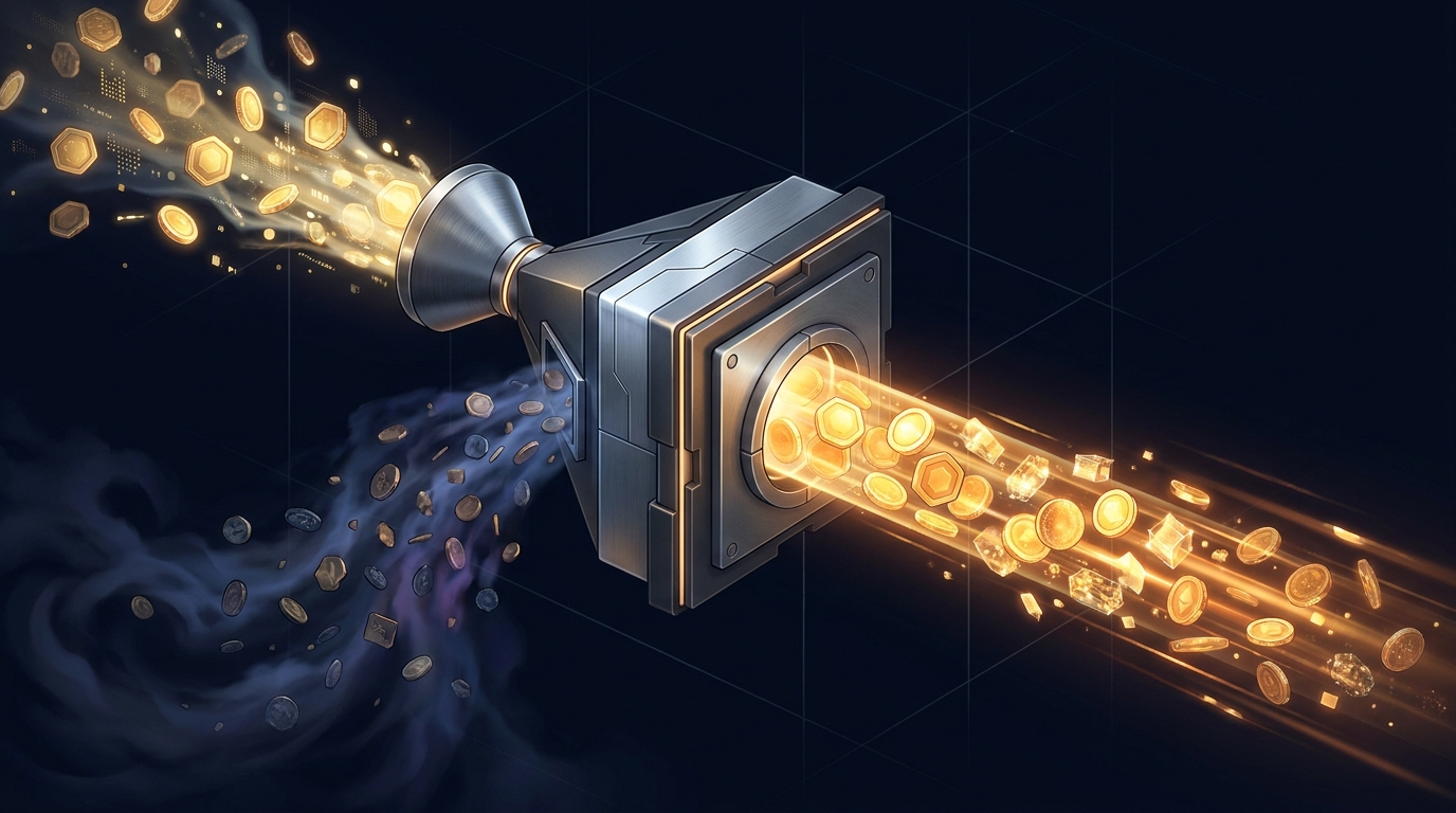 A stream of glowing budget coins funneling through a precision filter, with wasted coins falling away into shadow and clean conversions emerging on the other side.