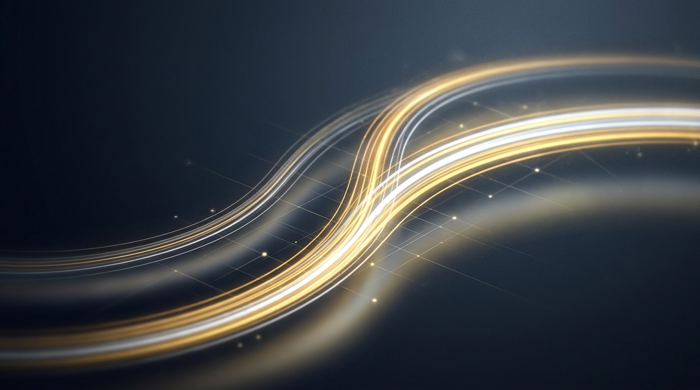 Abstract editorial illustration of a rising conversion curve rendered as glowing light trails over a dark gradient, evoking AI-powered advertising performance gains