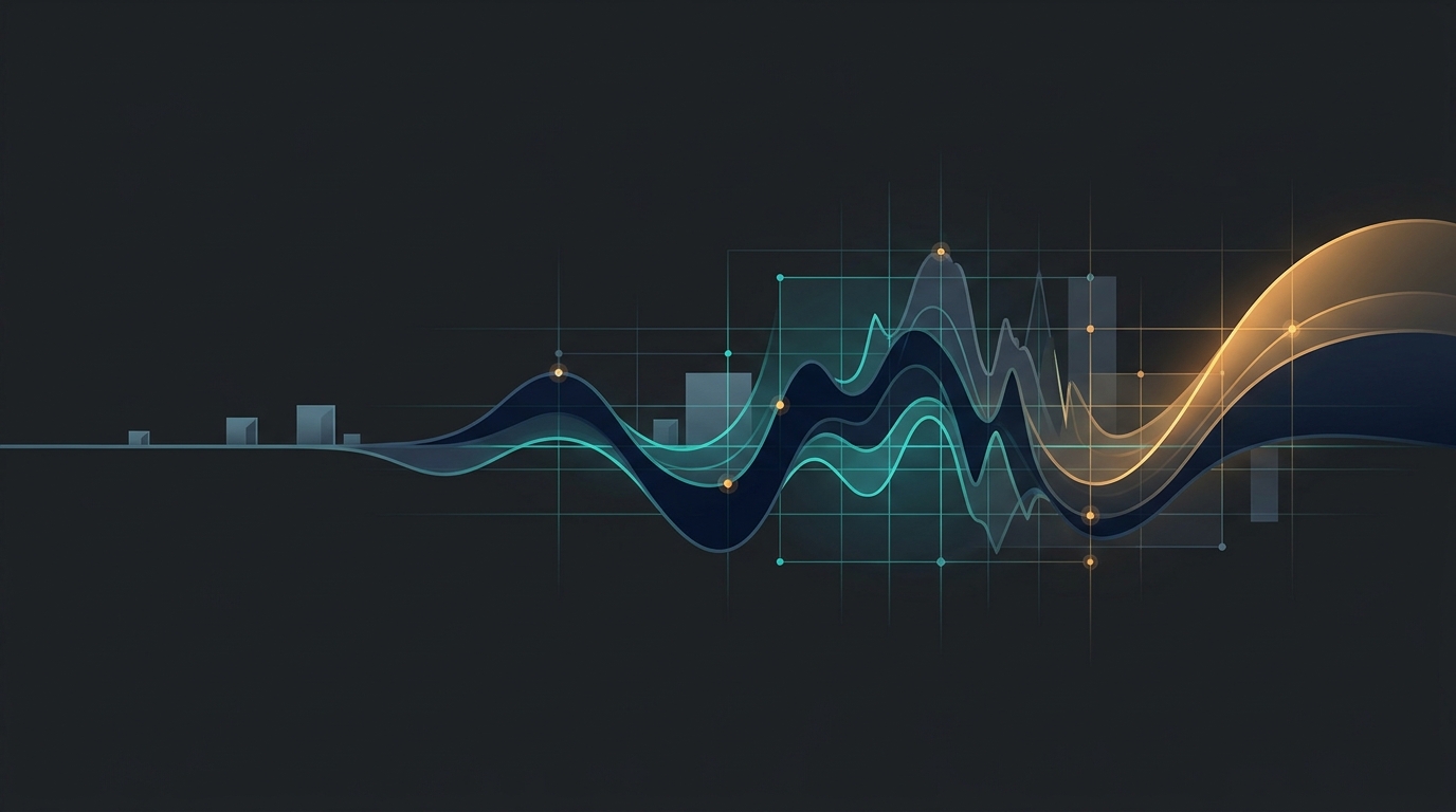Abstract editorial illustration of seasonal eCommerce cycles, campaign optimization waves, and data-driven performance management in a restrained high-contrast palette