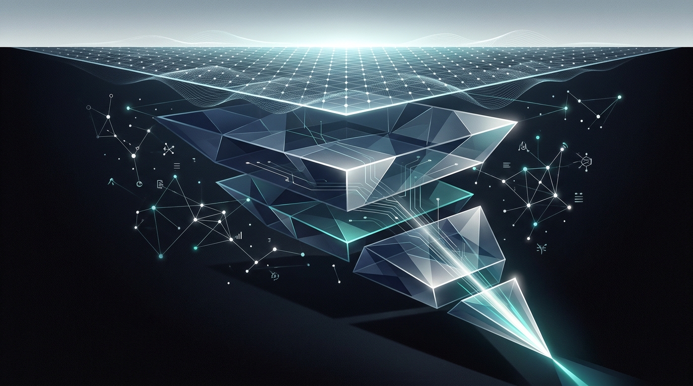 Abstract editorial illustration of layered search intent funnels converging into a structured SaaS pipeline, rendered in deep navy and cool teal tones