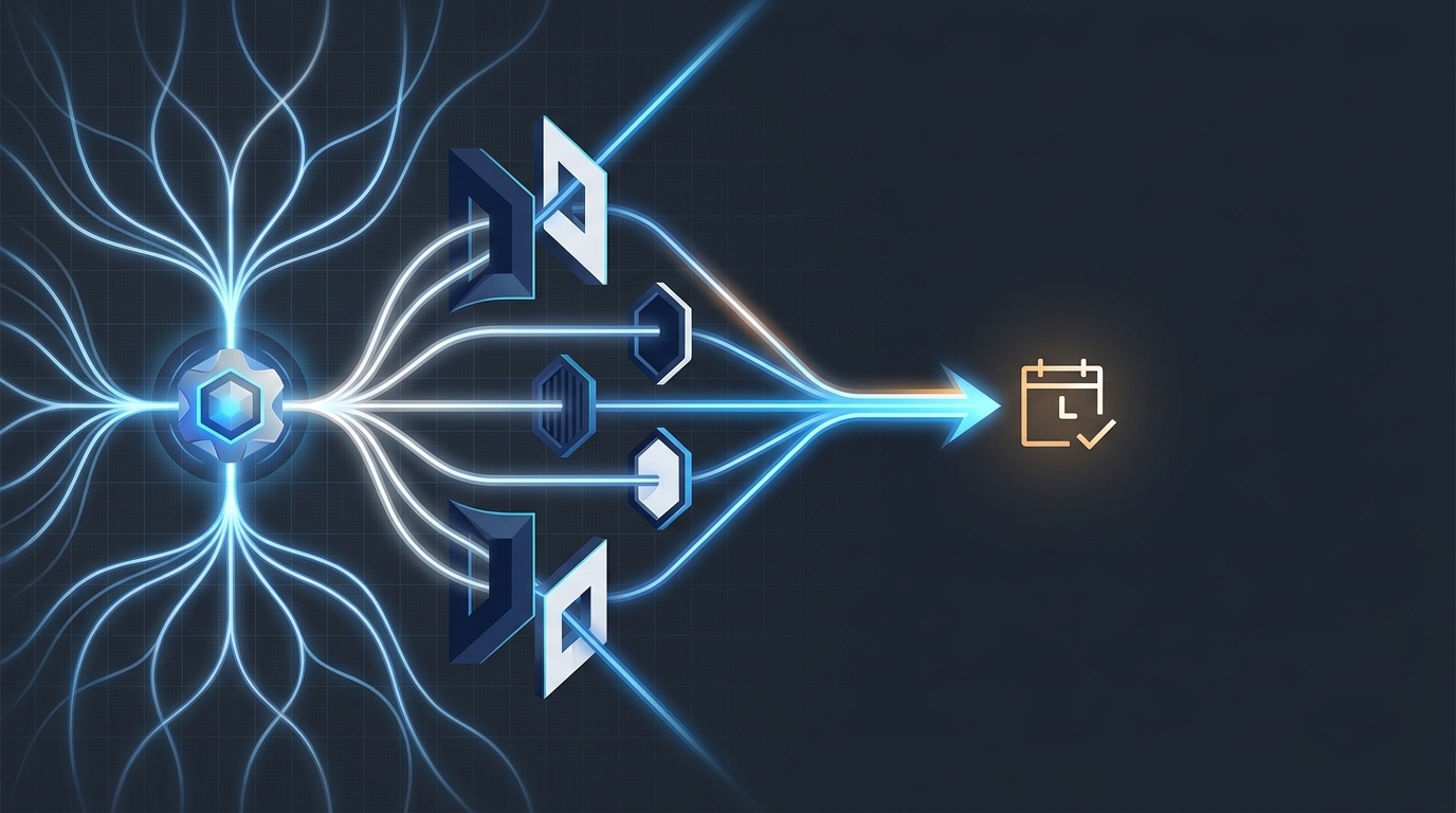 Abstract editorial illustration of AI-driven search pathways converging into a single qualified lead funnel, symbolizing SaaS campaign precision and strategic control