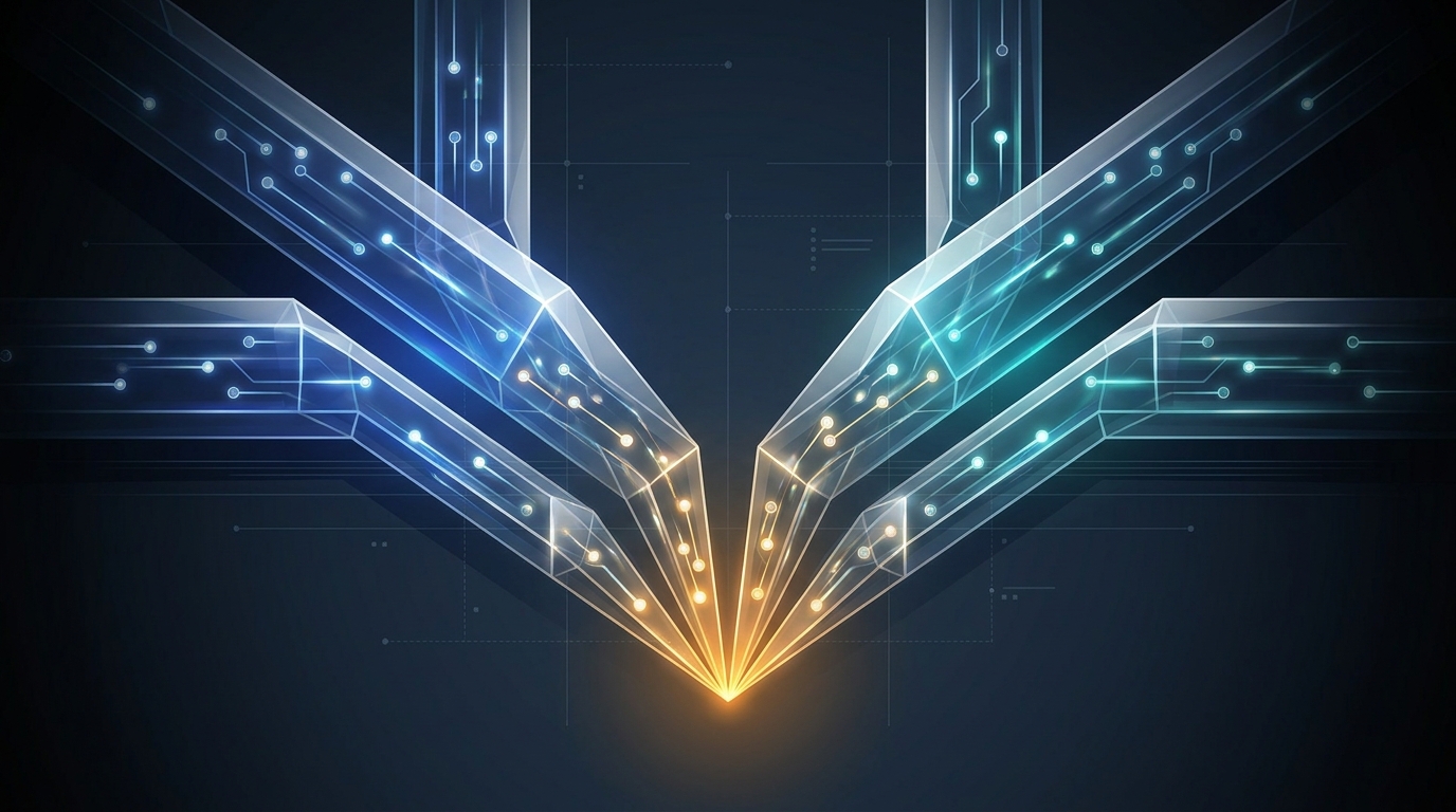 A network of glowing lead pathways funneling into a single convergence point, symbolizing Google Ads lead generation strategy and CPL optimization.