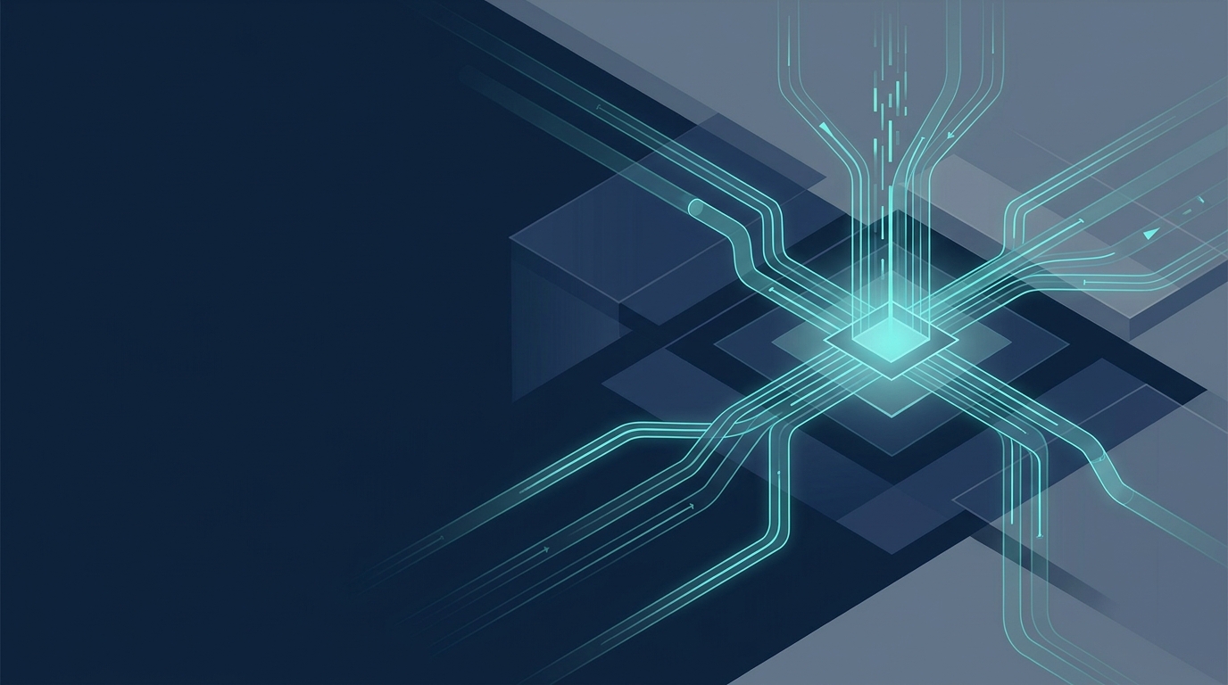 Abstract editorial illustration of interconnected data streams flowing into a central precision measurement point, symbolizing conversion tracking and analytics integration