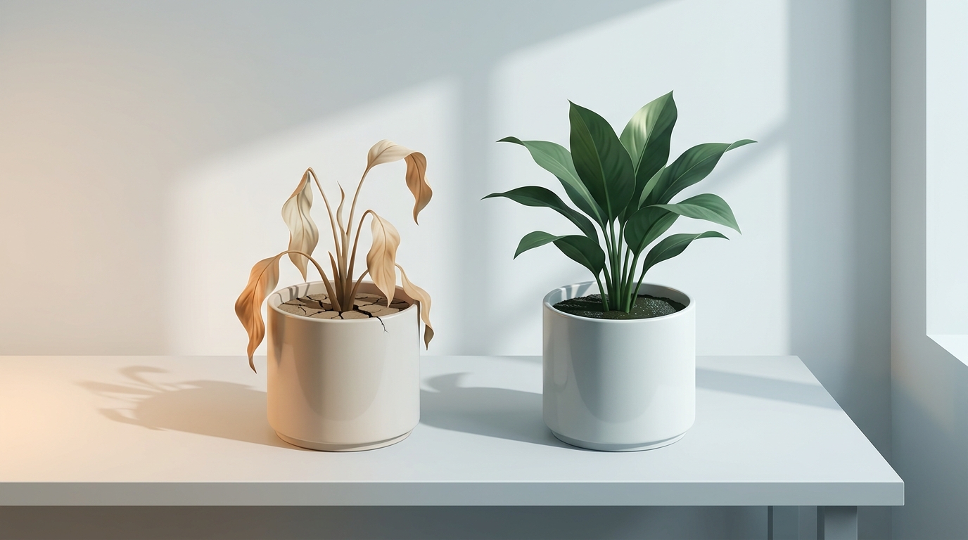 A wilting plant in a sleek modern office pot beside a thriving one, symbolizing underperforming versus high-performing Google Ads management.