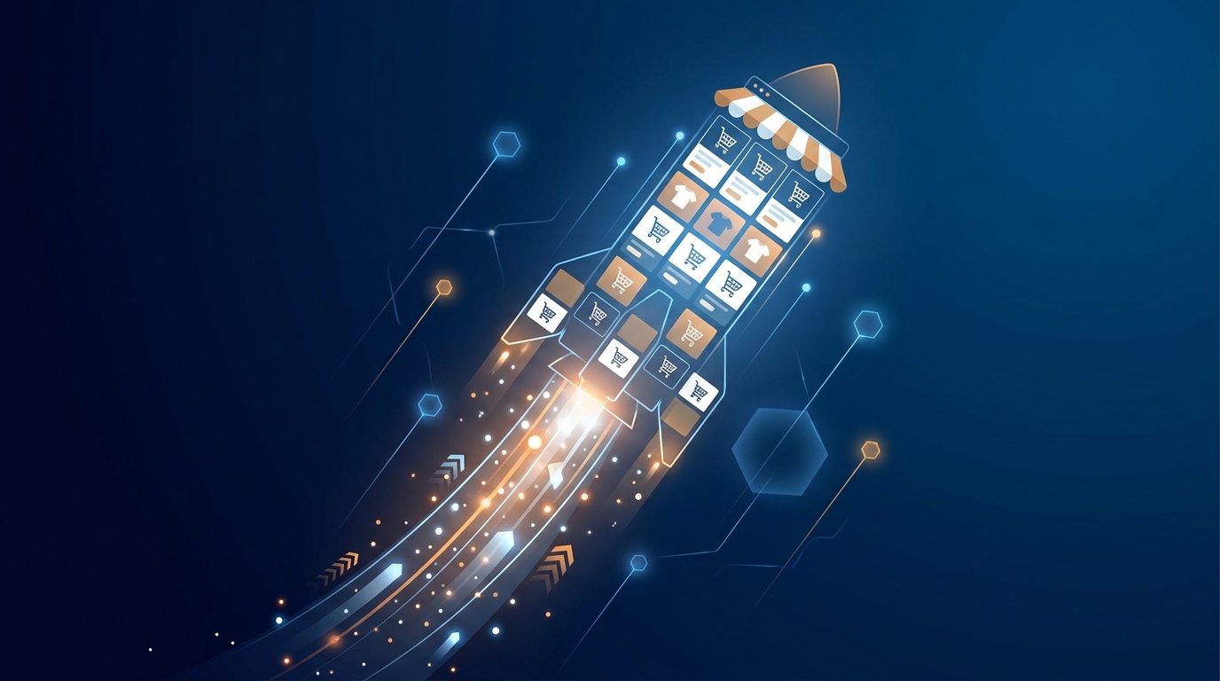 A Shopify storefront launching upward as a rocket made of product tiles and shopping cart icons against a clean dark-blue gradient sky